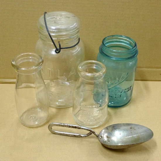 Blue Ball jar, bale top Atlas jar, Bowman Dairy Co and other half pint cream jars, and a cute little