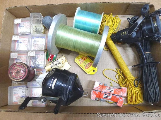 Abu Garcia Cardinal 763 fishing reel, Zebco 808 reel, fishing hooks, fishing line, Vintage cotter