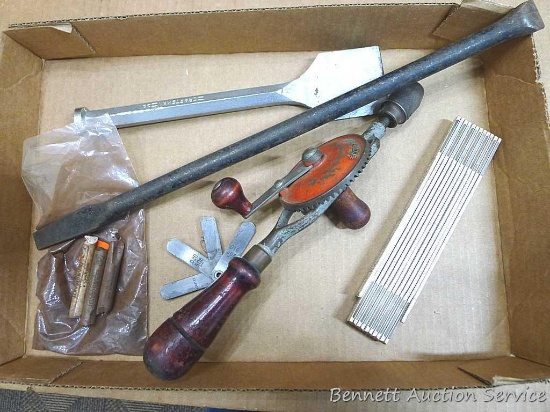 Craftsman chisel, Craftsman reversible drill, Stanley Handyman No.96F folding joint spring rule, 18"