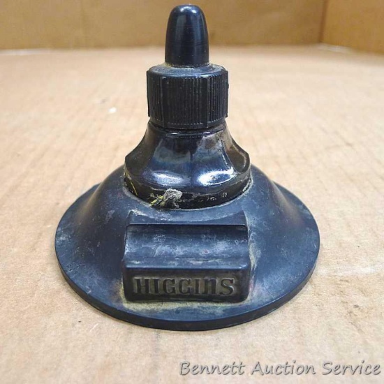 Antique Higgins inkwell and pen holder with a Higgins ink bottle. About 4" wide, will ship without