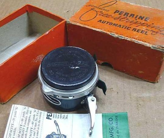 Perrine No. 57P Free-Stripping automatic fly fishing reel with box and paperwork from 1952. About 3"