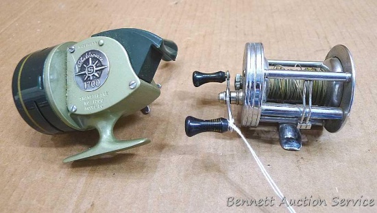 Two fishing reels. Shakespeare True Blue 1956 Model FE fishing reel is about 3-3/4" wide over