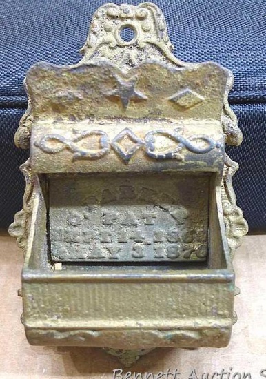 Antique C. Parker cast iron wall mount match safe or holder, one patent looks to be from 1870.