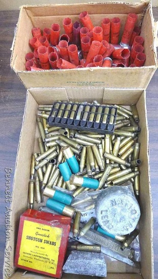 Six Remington Peters 12 gauge shotshells; empty brass incl 8mm Mauser, 6mm Remington, .32 Remington,