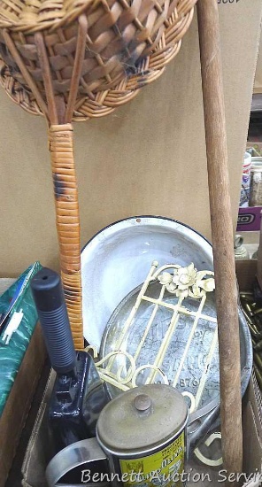 School teacher's bell, cane, enameled pan, vintage pie tin, more. Cane about 3' long.