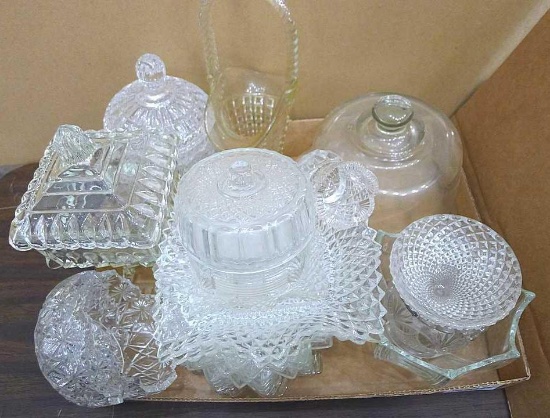 Cheese dish, footed covered dish, candlestick, bowls, dessert plates, more. Tallest about 9".