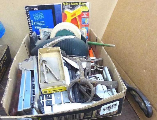 Office supplies incl Ace Liner stapler, Post Germany compass, heavy vintage cast tape dispenser,