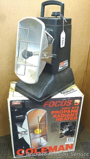 Coleman Focus 5 radiant heater with box and manual. Stands about 16" to top of handle. Model
