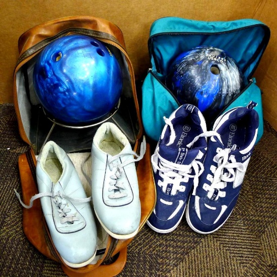 Two bowling balls with stands, bags and shoes. Balls would be neat to drill holes in and stack ten