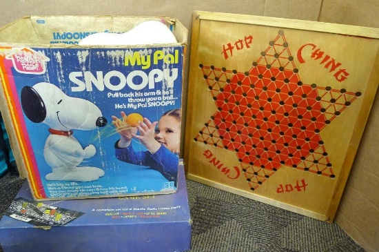 Vintage My Pal Snoopy bowling game with box, Hop Ching Chinese checks type board, and a Monte Carlo