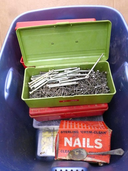 Boxes of nails, hooks, bolts, wire nuts, screws, washers, more. Bolts in green case about 4-1/8"
