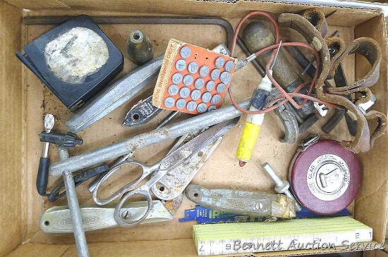 Lufkin White Clad tape measure, Craftsman and other utility knives, numbering tacks, folding rule,