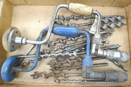 Two brace drills and a bunch of bits incl Irwin and other. Drills about 15" long. One has broken