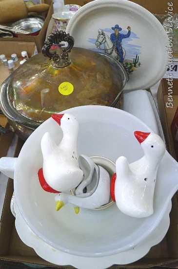 Fire King batter bowl, Hopalong Cassidy plate, goose salt and pepper shakers and measuring spoons,