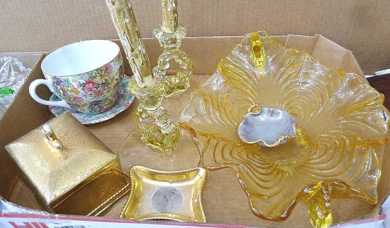 Yellow glass, huge teacup, Le Mieux china dishes, yellow glass candlesticks, and more. Largest dish