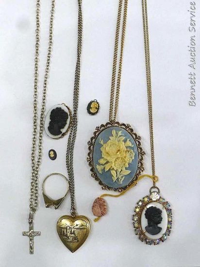 Cameos, locket, crucifix marked Sterling, more. Longest is about 14" long overall when clasped.