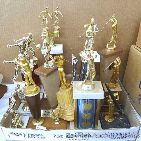 Bowling, golfing, and horseshoe trophies up to about 14" tall.
