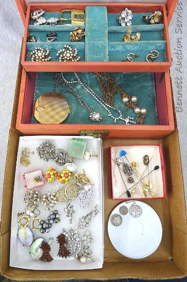 1905 Liberty Head nickel, hat pins, vintage screw-in and clip-on earrings, French Flair blush,