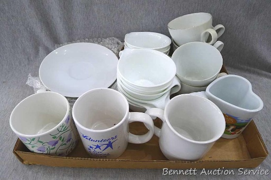 Unique Corelle cups, heart shaped Kemps mug, other cups and saucers. Saucers 6-1/4" wide. Corelle