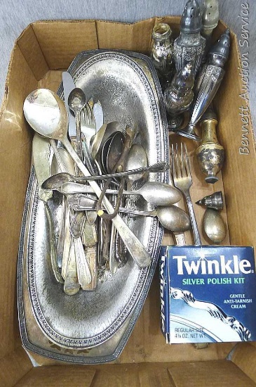Flatware, salt and pepper shakers, a couple of serving dishes, and a silver polish kit. Neat style
