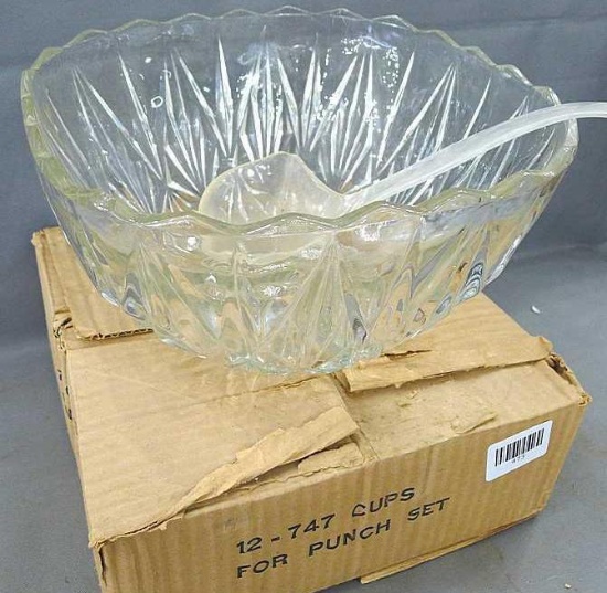 Punch bowl with cups and ladle. Bowl about 11" x 11" x 6-1/2"; would make a neat fish bowl. Small