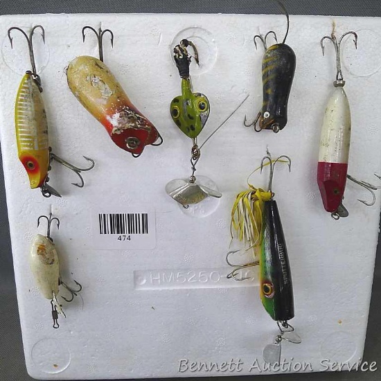 Two Heddon River Runt Spook Floater lures, wooden Shakespeare Swimming Mouse, Sputterbug, Sputter