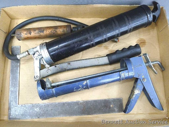 No shipping. Grease gun, caulk gun, square, and a blower. Grease gun about 13" long.