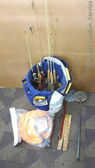 Ice fishing things incl NIP polar tip-up; South Bend Cold Steel rod with a South Bend Panfish 19