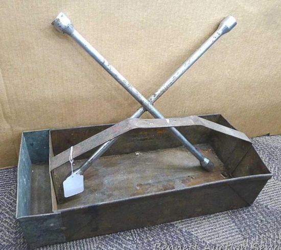 Neat metal tool box is about 20" x 9". Lug wrench is 20" x 20".