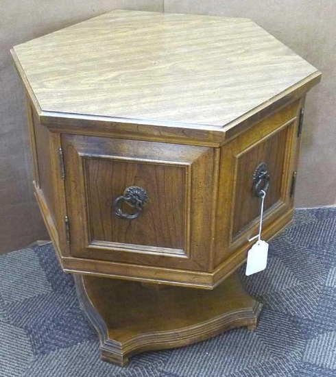 Retro side table stands about 18" x 21" x 20" high.
