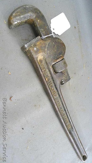 Ridgid pipe wrench made in Elyria, OH. Wrench measures approx.. 18" x 4". Jaws are fair handle has