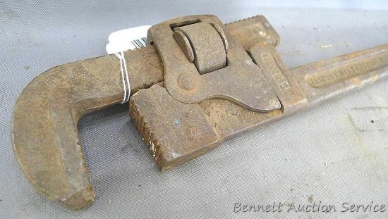 Trimo 24" pipe wrench made in Roxbury, MA. Jaws are worn and chipped handle is straight.