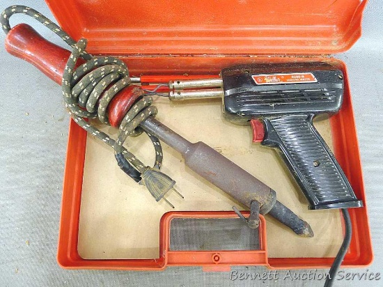 Vulcan soldering iron with wooden handle which measures approx.. 14" long, and heats up. Plus Weller