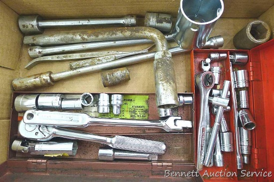 Craftsman, Indestro, and other ratchets, sockets, and more. Largest socket is 13/16. Mix of 1/4",