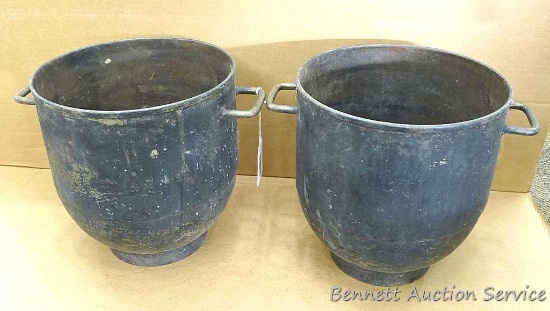 Two metal pots look similar to planters but don't have the holes in the bottom. Nice pieces, measure