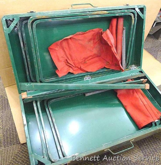 Coleman fold up camp table which measures approx.. 27" x 28" x 28" and four stools which measure