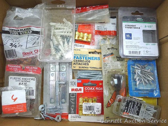 2-1/2" finishing nails, rivets, COAX connectors, deadbolt, E-Z anchors, 3/4" copper plated tube