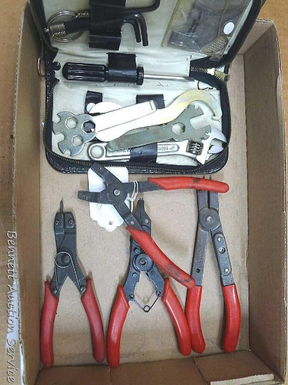 Pittsburg and other snap ring pliers; case of hex wrenches, 6" adjustable wrench, more. Pliers about