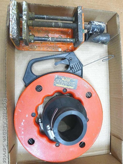 50' fish tape, Plumb Quick rubber reducer is 3" x 1-1/2", Black and Decker clamp-on vise is 10" x