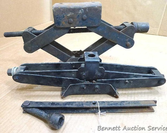 Two scissor jacks, larger is 17"; lot includes a lug wrench.