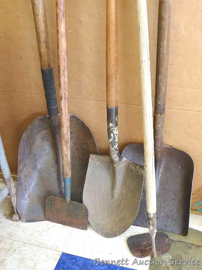 Grain shovel, edger, spade shovel, hoe, more. Longest is 5'.