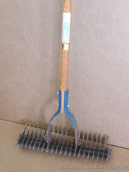 Thatching rake is great for removing dead grass and lawn care. 14" head, nice handle, about 5' tall.