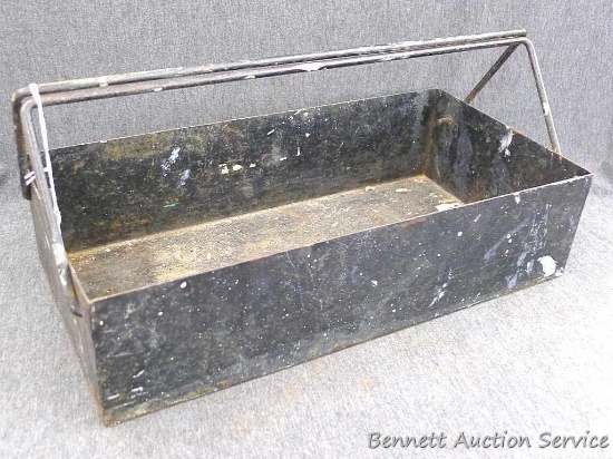 Metal tool tote could also be used to hold kitchen towels. Measures about 16" x 8" x 4" over rim.