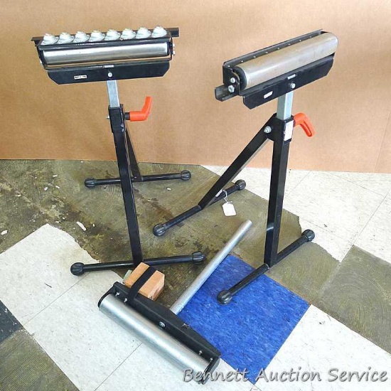 Two Wolfcraft roller work stands and another stand. Rollers are about 12" and 13-1/2" wide.