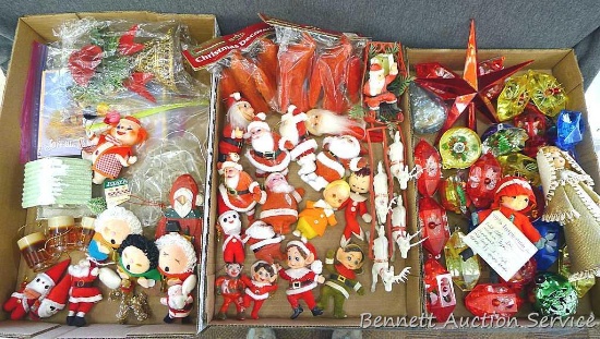 Vintage Christmas ornaments and decorations incl Santas, birds, angel, elves, more. Large red star