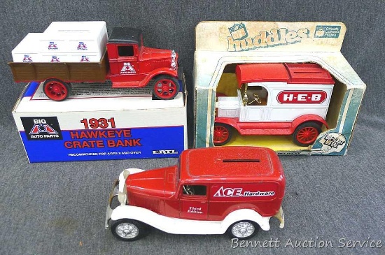 Three Ertl coin banks include 1932 Ford delivery van, 1913 ford Model T van, and a 1931 Hawkeye.