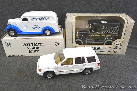 Ertl 1938 panel truck bank, Ertl 1923 truck bank, and a Brookfield Collectors Guild vehicle. Ertl's