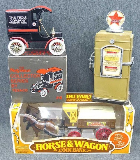 Ertl Texaco Ford delivery bank, Ertl Horse and Wagon coin bank, and a gas pump coin bank. Horse and
