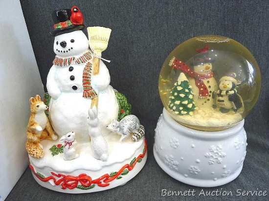 Will ship without snow globe. Snowman snow globe with box, and a snowman musical figurine with box.