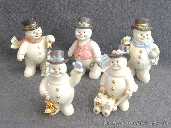 Five Lenox snowman figurines, taller ones around 4-1/2" tall. Look to be in good condition. Three